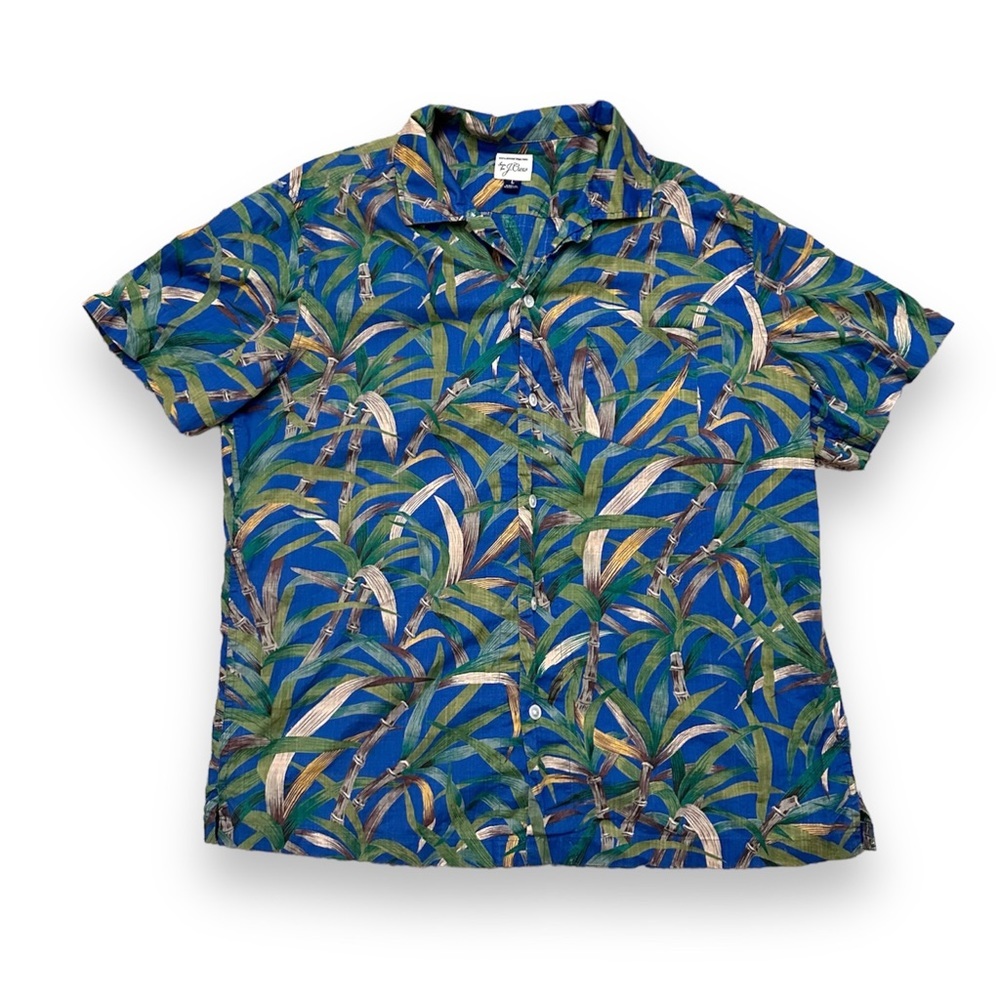 J. Crew Blue Bamboo Hawaiian Shirt Short Sleeve Button Down Cotton Men’s Size XL